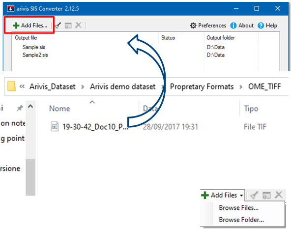arivis SIS Converter 2.12.5 window with highlighted Add Files button and arrow to folder showing file 19-30-42_Doc10_P...