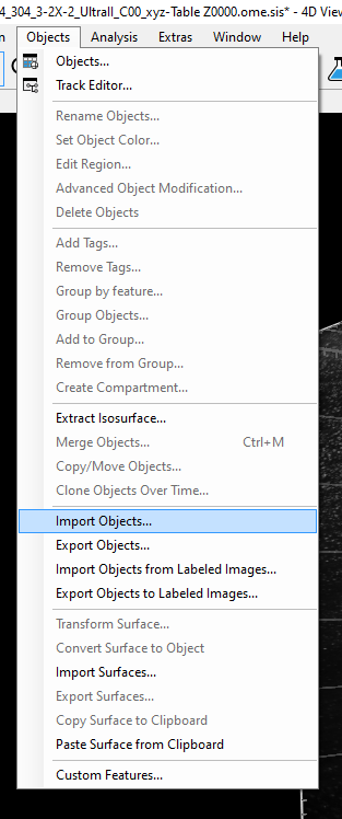 Dropdown Objects menu showing many options with Import Objects... highlighted
