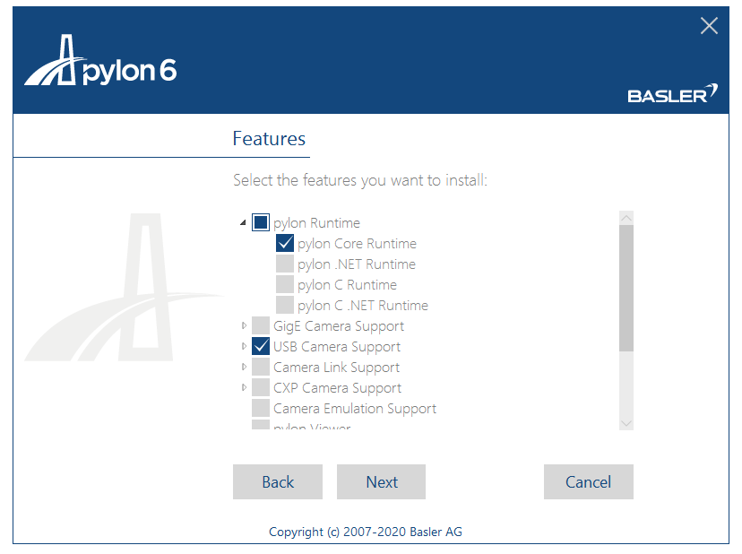 pylon6 Features dialog with pylon Core Runtime and USB Camera Support checked, Back Next Cancel buttons