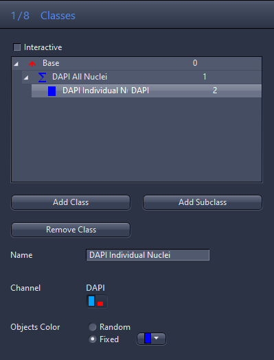 1/8 Classes dialog showing DAPI All Nuclei and DAPI Individual Nuclei entries, Name and Channel DAPI fields