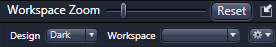 Toolbar showing 'Workspace Zoom' slider, Reset button, 'Design' set to Dark, and a Workspace dropdown with gear icon