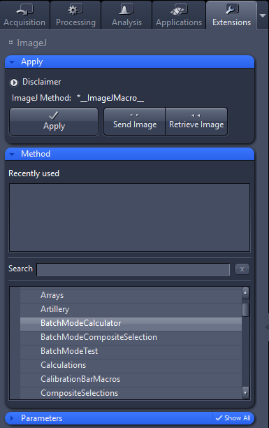 ImageJ Extensions panel with Apply section, Apply/Send Image/Retrieve Image buttons, and a Methods list