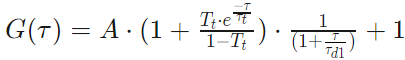 One Component 2D autocorrelation equation for G(τ) showing parameters A, Tt, τ, τd1