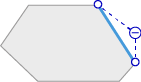 Light gray polygon with three blue circular nodes and a dashed blue line between the top and right nodes