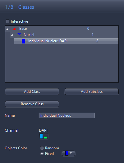Classes panel '1/8 Classes' showing Base> Nuclei> Individual Nucleus: DAPI; Name 'Individual Nucleus'; Channel DAPI