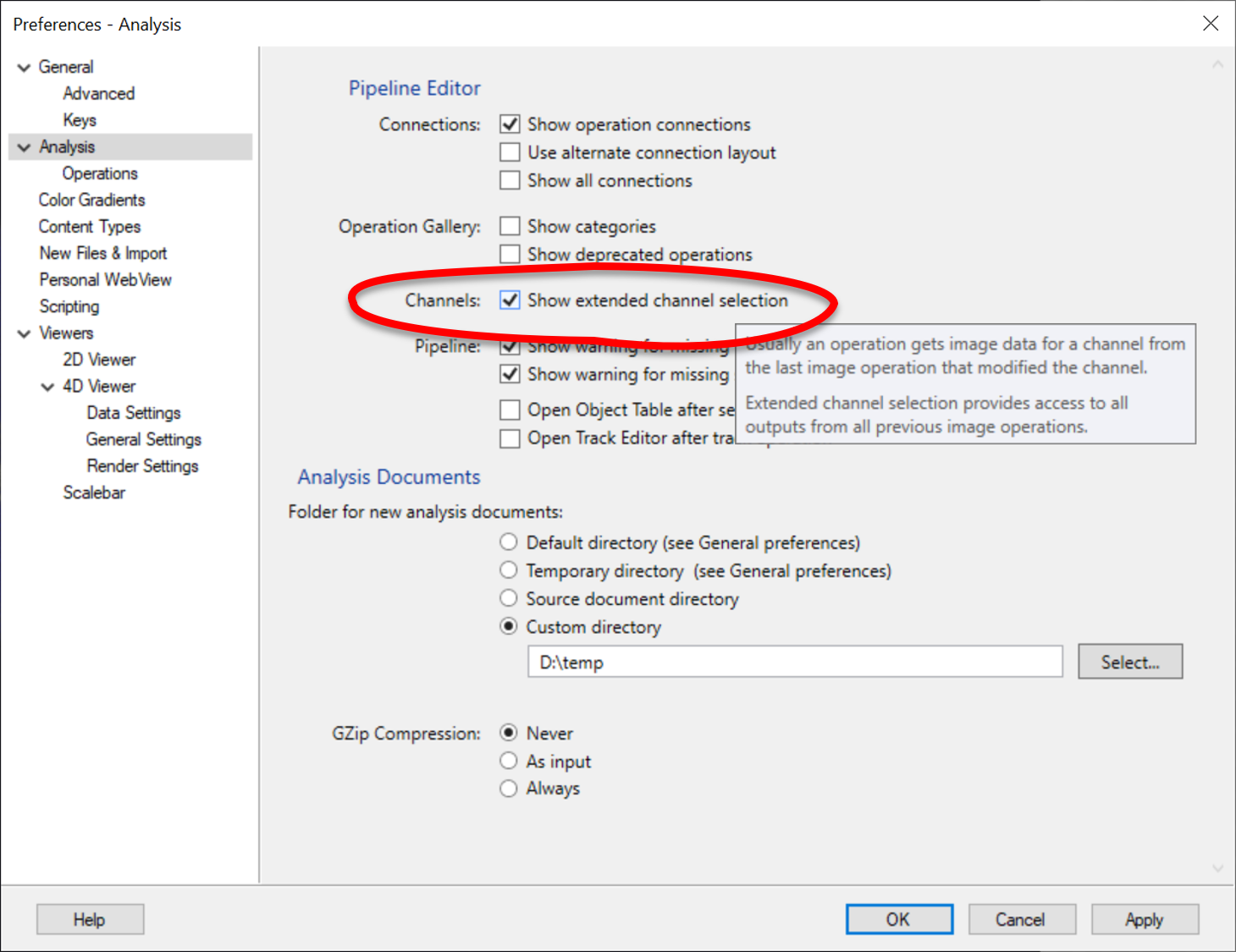 Preferences window showing Analysis preferences with 'Channels: Show extended channel selection' checkbox circled