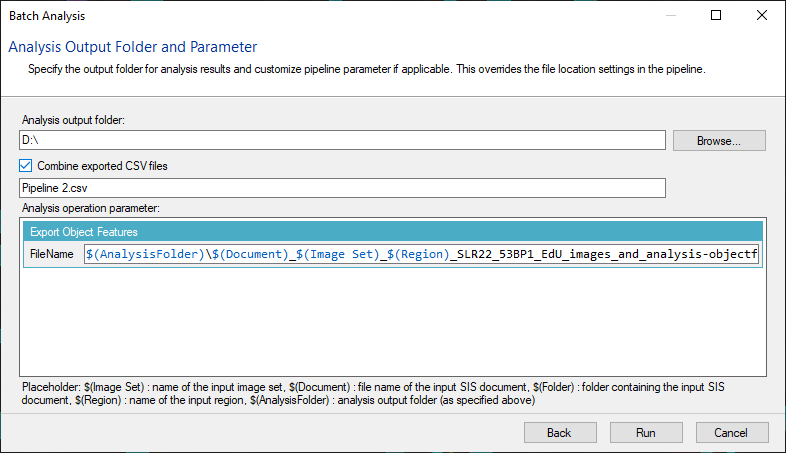 Batch Analysis dialog: output folder D:\, Combine exported CSV checked, Pipeline_2.csv, export template shown, Run/Cancel