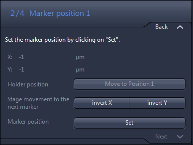 Calibration wizard '2/4 Marker position 1' showing X: -1 µm, Y: -1 µm and buttons Move to Position 1, invert X, invert Y, Set