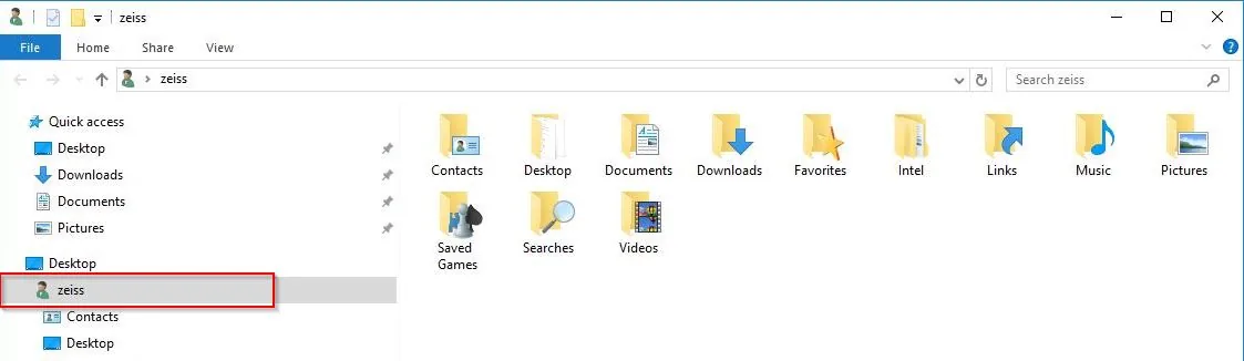 Windows Explorer showing selected 'zeiss' user folder and folders Contacts, Desktop, Documents, Pictures