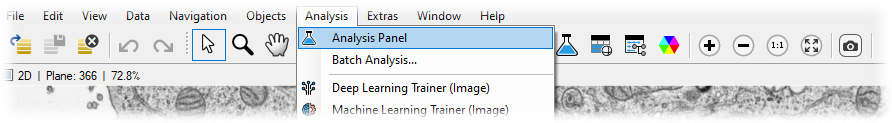 Application menu bar with 'Analysis' menu open showing 'Analysis Panel' highlighted and other analysis options