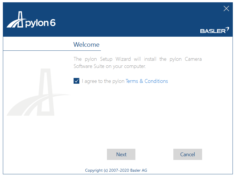 pylon6 Welcome dialog with checked I agree to the pylon Terms & Conditions checkbox and Next and Cancel buttons