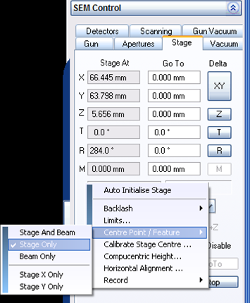 SEM Control dialog showing Stage X 66.445mm Y 63.798mm Z 5.656mm and menu showing Centre Point / Feature, Stage Only