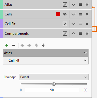 Compartments UI showing Atlas mapped to Cell Flt with Overlap set to Partial and slider near 50