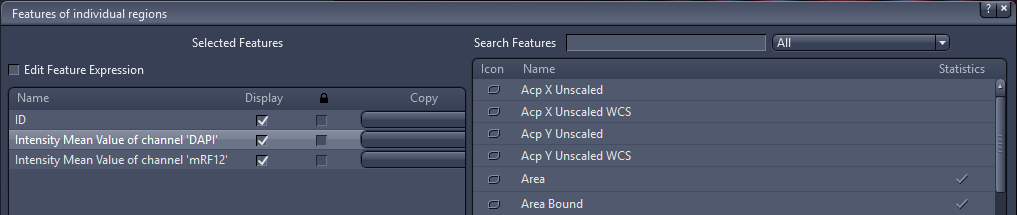 Features of individual regions dialog showing Selected Features with ID and Intensity Mean Value of channel DAPI and mRFP1