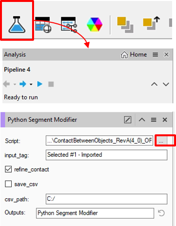 Analysis panel 'Pipeline 4 Ready to run' and Python Segment Modifier showing input_tag Selected #1 - Imported