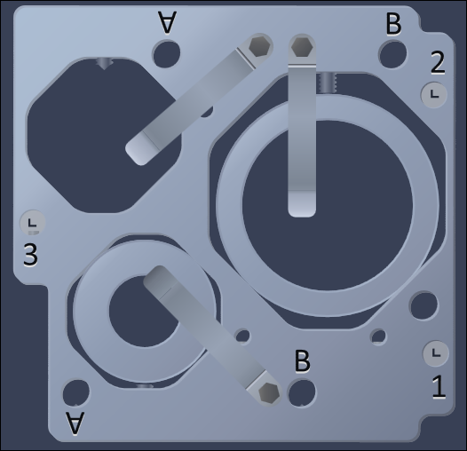 plate with two circular ring cutouts, one octagonal cutout, three angled metal clamps and labels A B 1 2 3