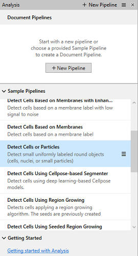 Analysis panel showing Document Pipelines and Sample Pipelines list with Detect Cells or Particles highlighted