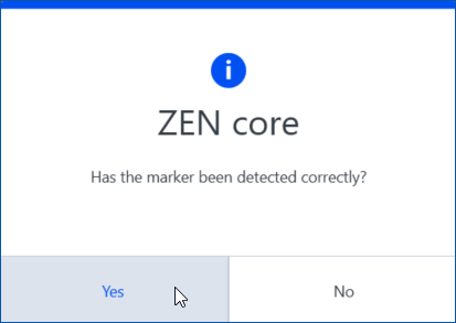 ZEN core dialog that reads Has the marker been detected correctly? with Yes and No buttons and mouse cursor over Yes