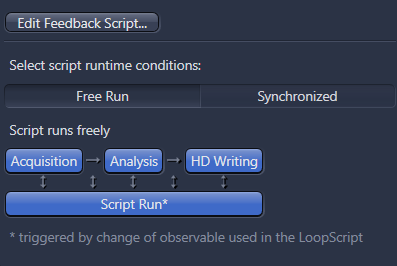 Edit Feedback Script dialog showing Free Run selected and flow Acquisition → Analysis → HD Writing with Script Run* button