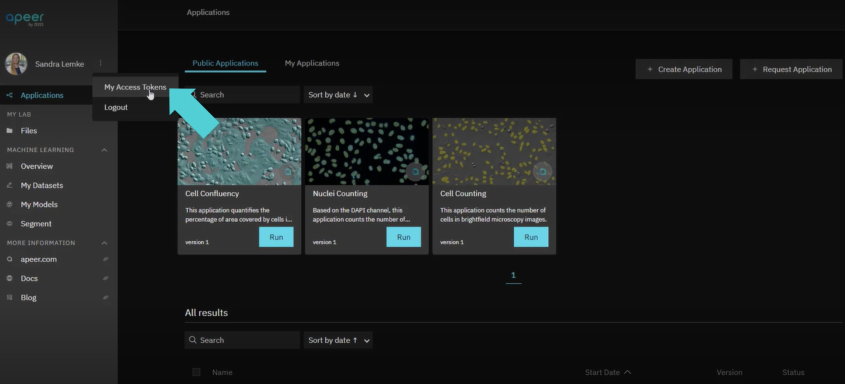 Public Applications page with tiles Cell Confluency, Nuclei Counting, Cell Counting; My Access Tokens menu highlighted