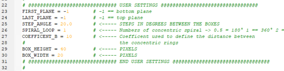 Code snippet titled USER SETTINGS showing STEP_ANGLE=20.0 SPIRAL_LOOP=1 COEFFICIENT_B=10