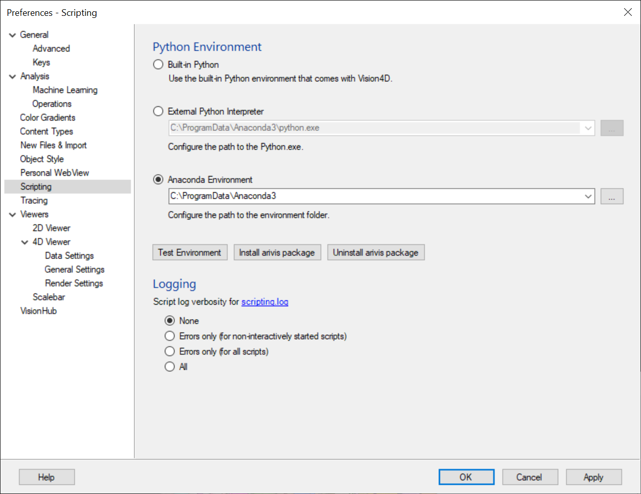 Preferences - Scripting dialog: Python Environment set to Anaconda Environment C:\ProgramData\Anaconda3; buttons Test Environment, Install arivis package