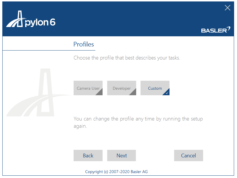 pylon6 Profiles dialog showing Camera User, Developer and Custom profiles with Custom selected and Back Next Cancel buttons