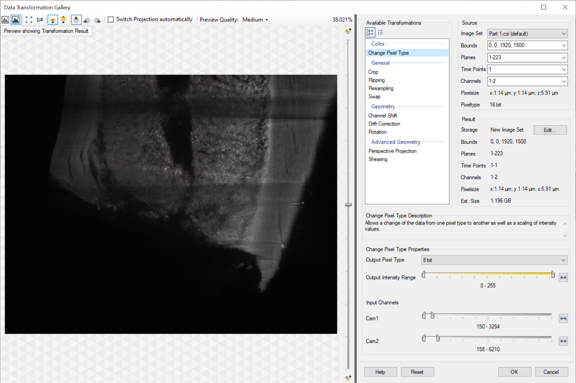 Data Transformation Gallery window, grayscale image left; right panel shows Available Transformations - Change Pixel Type