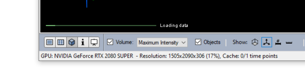Status bar showing Loading data and GPU NVIDIA GeForce RTX 2080 SUPER, Resolution 1505x2090x306 (17%)