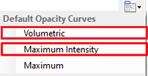 Default Opacity Curves menu showing Volumetric and Maximum Intensity options