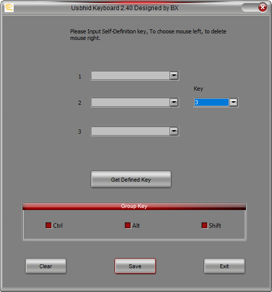 Usbhid Keyboard 2.40 dialog with fields 1-3 dropdowns, Get Defined Key, Group Key (Ctrl Alt Shift), Clear Save Exit