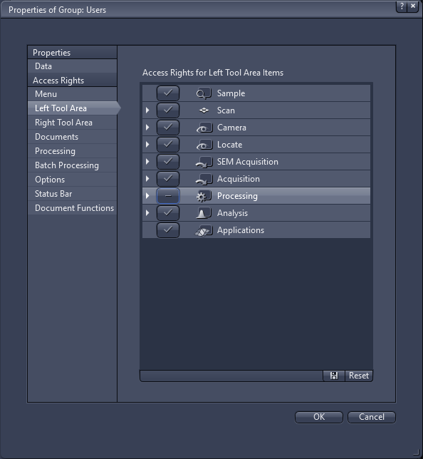 Properties of Group: Users dialog showing Access Rights for Left Tool Area with Processing row and minus icon