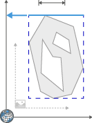 Gray irregular polygon with two white holes, dashed blue bounding box and blue horizontal and gray vertical arrows