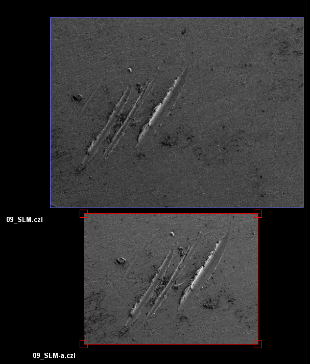 Grayscale SEM images of diagonal surface scratches with blue and red selection boxes and labels 09_SEM.czi and 09_SEM-a.czi