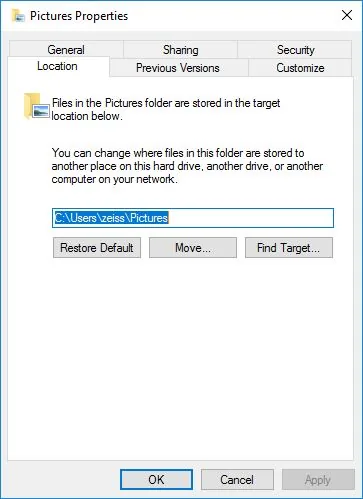 Pictures Properties dialog Location tab showing path C:\Users\zeiss\Pictures and Move... Restore Default buttons