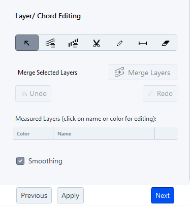 Layer/ Chord Editing panel with toolbar icons, Merge Layers disabled, Smoothing checkbox checked, and Previous Apply Next buttons