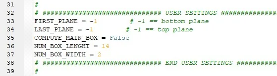 Code screenshot: USER SETTINGS — FIRST_PLANE=-1, LAST_PLANE=-1, COMPUTE_MAIN_BOX=False, NUM_BOX_LENGHT=14, NUM_BOX_WIDTH=2