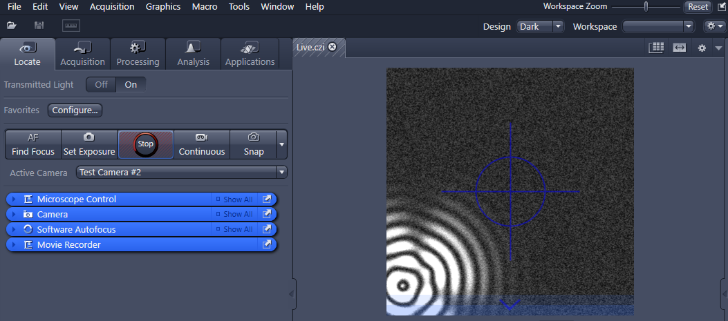 Locate tab with Stop button, Active Camera Test Camera #2 and live image with blue crosshair and concentric rings