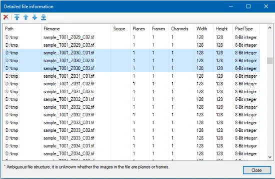 Detailed file information dialog with table of D:\tmp filenames, highlighted rows, bottom Ambiguous file structure message