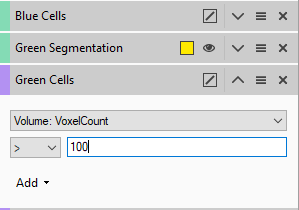 Panel showing Blue Cells, Green Segmentation (yellow square), Green Cells and Volume: VoxelCount > 100