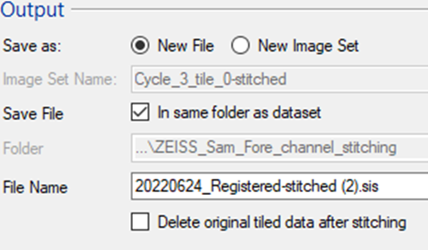 Output dialog: Save as New File or New Image Set; In same folder checked; File 20220624_Registered-stitched (2).sis