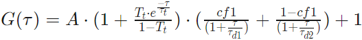 Two Component 2D autocorrelation equation for G(τ) showing parameters A, Tt, τ, cf1, τd1, τd2