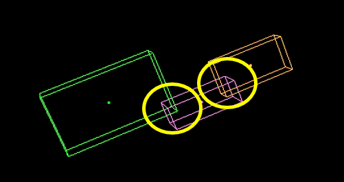 Angled wireframe boxes in green, magenta and orange with two yellow circled junctions on black background