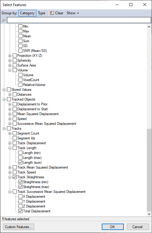 Select Features dialog showing hierarchical feature tree with Track Straightness checkbox checked