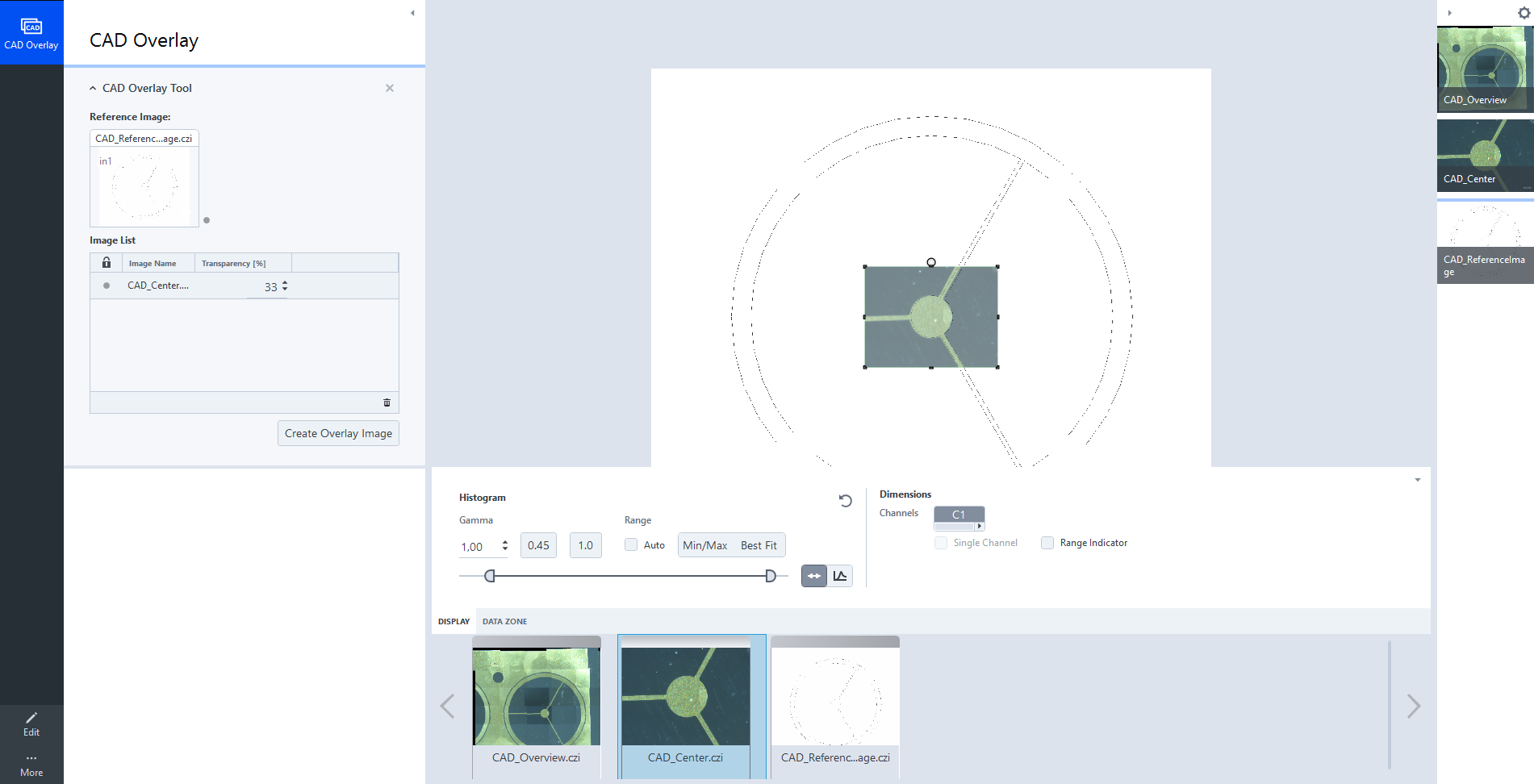 CAD Overlay window showing a rectangular microscope image over a dotted circular CAD reference