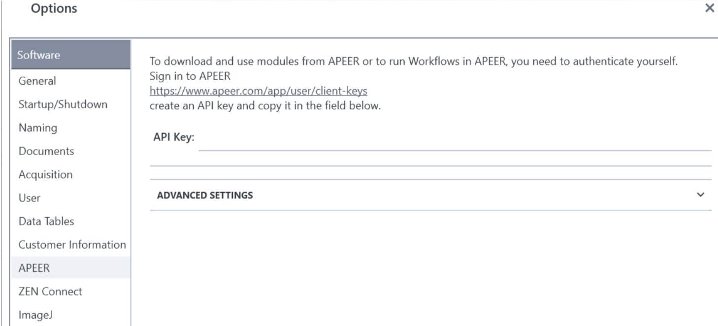 Options dialog open to APEER section showing instructions and an API Key field