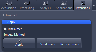 ImageJ Apply panel in Extensions showing 'Disclaimer', 'ImageJ Method:' and buttons 'Apply', 'Send Image', 'Retrieve Image'
