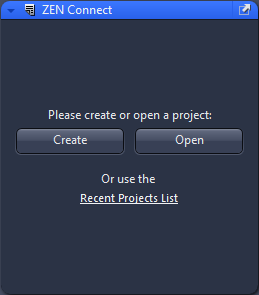 Dialog titled ZEN Connect showing text Please create or open a project, buttons Create and Open, link Recent Projects List